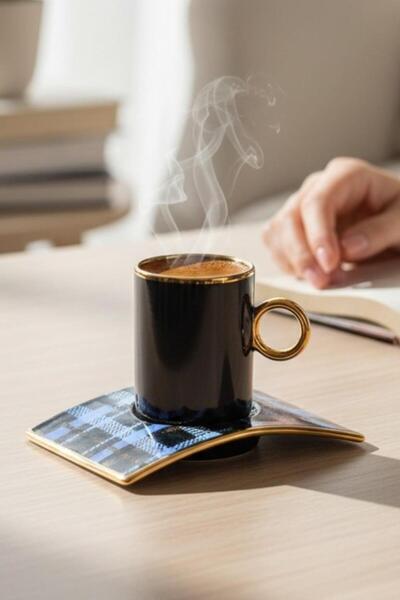 ALBETTO Single porcelain coffee cup with plaid curved plate