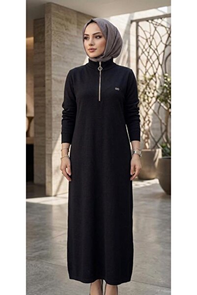 KADO 26Y257324 ELBİSE HAKİM YAKA , YAKASI FERMUARLI PENYE KUMAŞ SİYAH