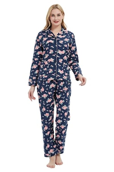 Global Set Pijama Damă Finet Global, Bumbac, Model FLORAL ROZ, Culoare Bleuma...