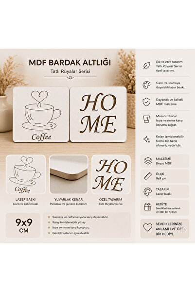 MDF Bardak Altlığı 9x9 cm – Lazer Baskılı Dekoratif Kahve Temalı Bardak Altlığı – Özel Tasarım