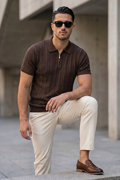 Abruzzo Brown Polo Collar Half Zip Knitwear Men's T-Shirt