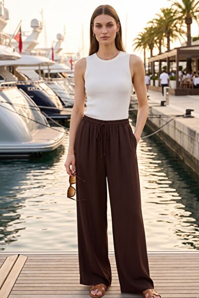 Lupinn Women's Brown Palazzo Trousers – High Waist, Elastic Waistband, Wide L...