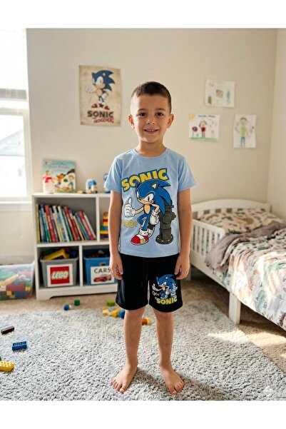 ALİŞ KİDS Boy's Cotton Blue Sonic Patterned Short Sleeve Shorts Summer Top an...