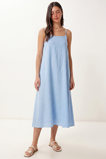 Lovelyİstanbul Strappy Summer Long Linen Dress Lgx0004 Sky Blue