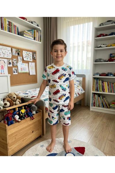 ALİŞ KİDS Dečački pamučni beli letnji pidžama set sa kratkim rukavima i šorta...
