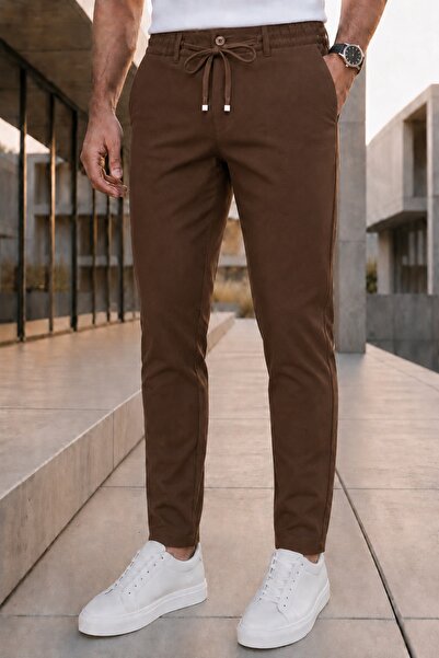 MODAMESTO Ανδρικό καφέ υφασμάτινο παντελόνι jogger με άνετη εφαρμογή, ελαστικ...
