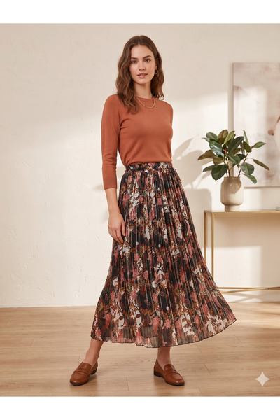Salvi Women's Floral Patterned Pleated Chiffon Midi Skirt