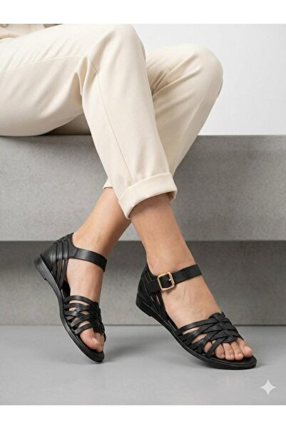 Lütfi Women's Black Genuine Leather Orthopedic Sole Daily Comfortable Sandals
