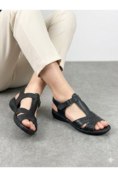 Lütfi Women's Black Genuine Leather Orthopedic Soft Sole Daily Comfortable Sa...