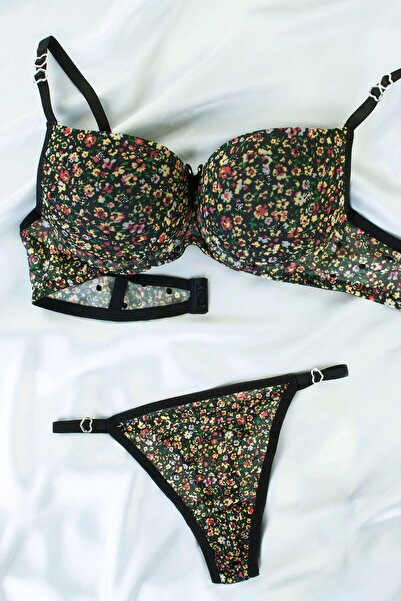 DNR İç Giyim Floral Patterned Supported Bra Suit Black