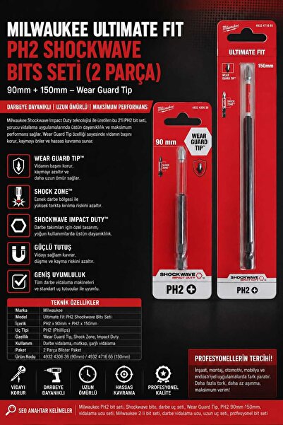 Milwaukee Shockwave PH2 Pozidriv Darbeli Tornavida Ucu Seti 90 mm + 150 mm We...