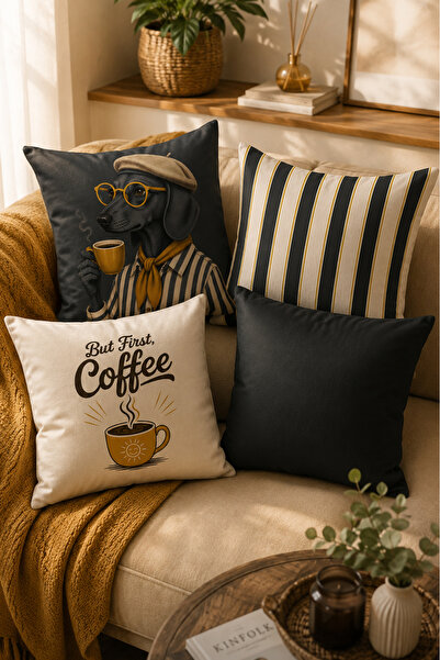 Bertille Home Set de 4 huse de pernă cu imprimeu digital pe două fețe din ser...