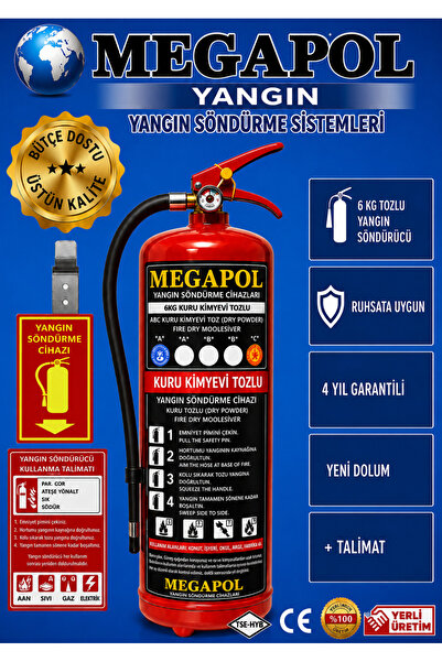megapol 6 kg marin tekne sertifikalı tozlu yangın tüpü, yangın söndürme cihaz...