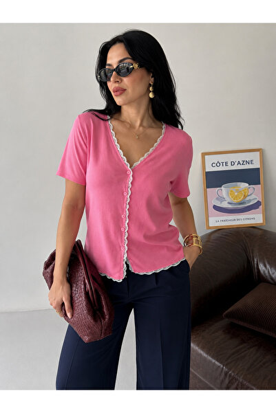 EAS GİYİM Women's V-Neck Lace Buttoned Short Sleeve Cardigan