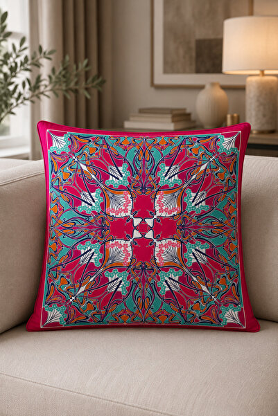 fdm desıgn Mandala Çini Motifli Çift Taraf Baskılı Kırlent Kılıfı 43x43 Fuşya
