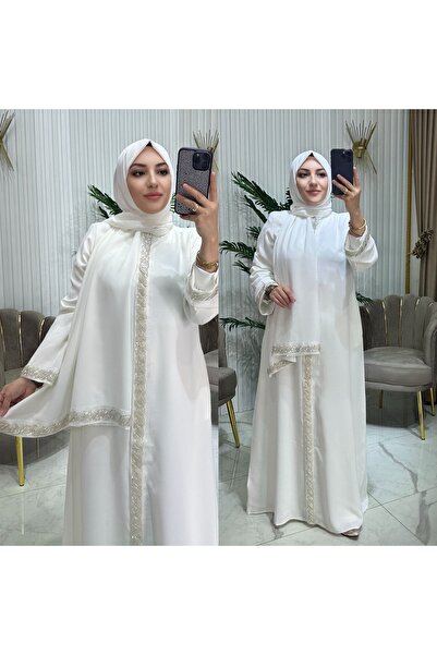 AslıButik Siyah Taş İşlemeli Abaya Takım Şal Hediyeli Gizli Fermuarlı