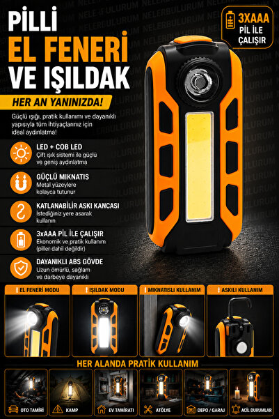 nelerbulurum PİLLİ ASKI VE MIKNATISLI 300 LÜMEN LED + 4W COB LED EL FENERİ KA...