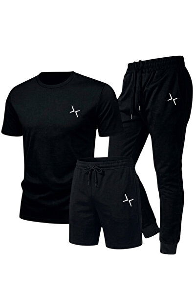 SAAT TEKSTİL Unisex Μαύρη Καλοκαιρινή Φόρμα+Σορτς+Μπλουζάκι Σετ (με Λογότυπο)