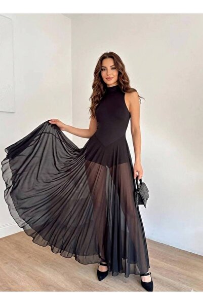 Kikiriki Siyah Halter Yaka Şifon Etekli Şortlu Elbise