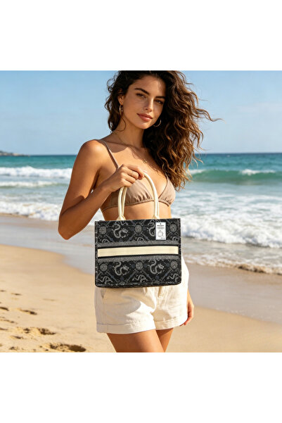 KMT Bag Tote Bag with Printed , Beige Central Band, Dimensions 38×30×15cm, Ca...