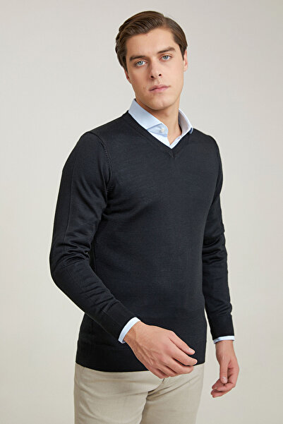 D'S Damat Ds Damat Regular Fit Pulover negru din tricot simplu din amestec de...