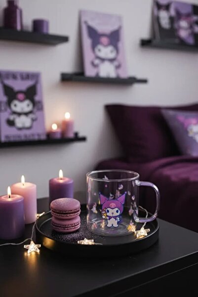 SANRIO Lisanslı Kuromi Renkli Saplı Cam Bardak – Borosilikat Cam Estetik Kupa...