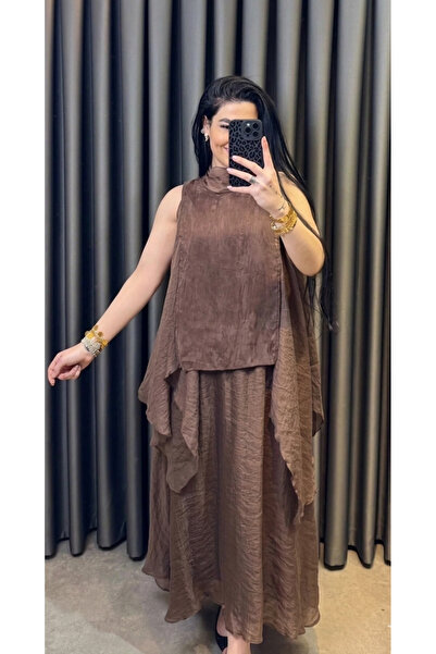 My Blog Set fustă și bluză din șifon maro cu detaliu de legare la guler - 51393