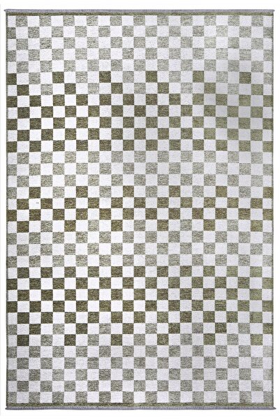Pera Halı Yeşil Beyaz Modern Geometrik Dama Desenli Yıkanabilir Halı - YO30035XM
