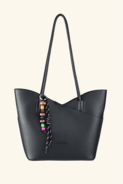 birizmoda Women's Textured Leather Large Size Beaded Shoulder Bag - Black