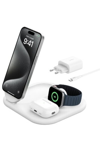 Belkin BOOSTCHARGE Qi2 15w Suport Magnetic 3 în 1 - Alb
