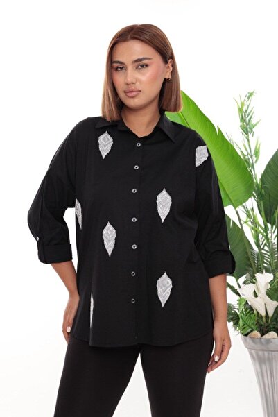 JERFİ Women's Chic Glam Stone Printed Poplin Fabric Shirt