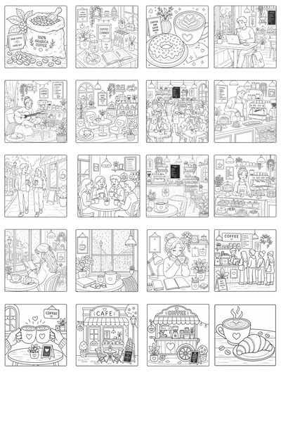 birikiyedi Cozy Cafe Life Coloring Book/Relaxing Cafe Themed Coloring Book for Adults/Stress Reducer/21X21 cm