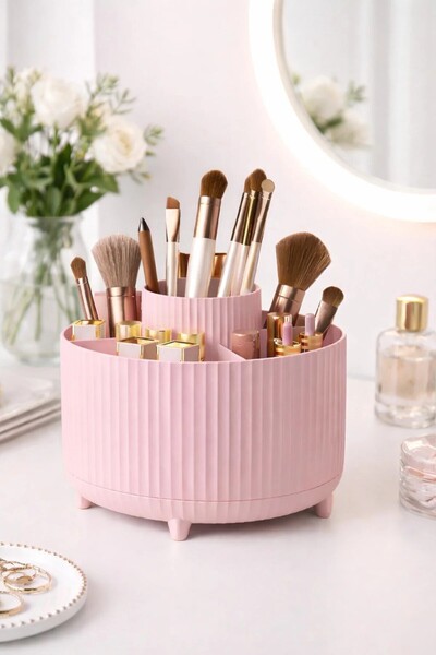 Galeriyo 360 Degree Rotatable 5 Compartment Makeup Brush Organizer Pink