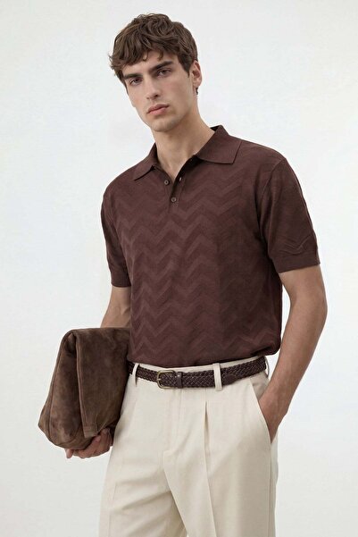 Antioch Kahve Zigzag Desenli Polo Yaka Triko Erkek T-Shirt