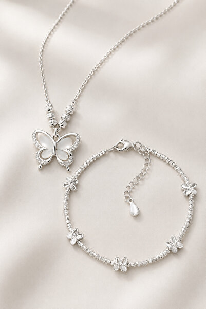 The Collection Minimal Tasarım Pinterest Kelebek Gümüş Kolye ve Bileklik Set