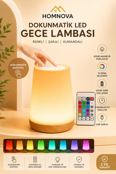 Homnova Dokunmatik LED Gece Lambası Kumandalı 16 Renk RGB Şarjlı Dekoratif Ma...