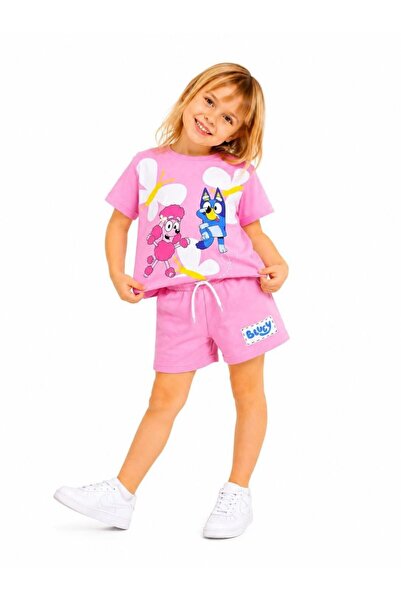 MİNİK TARZ BUTİK Bluey Desenli Kız Çocuk Şortlu Takım Pembe