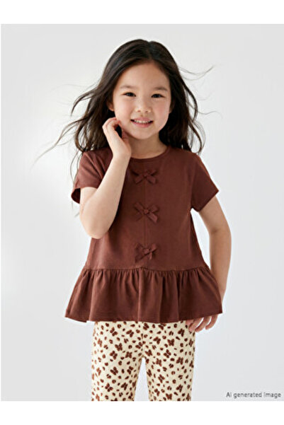 LC Waikiki New Season Brown Bow Detailed Girls' T-Shirt 2-Pack