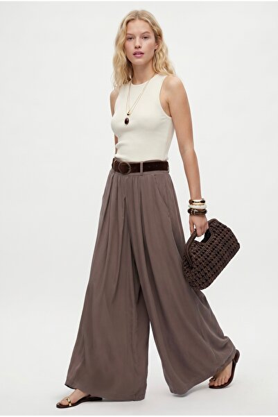 Ritnice Women's Aviva Woven Modal Belted Waist Elastic Ultra Wide Leg Mink Tr...