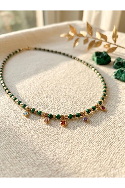 Meneva Aksesuar Steel Necklace with Natural Malahite Stone and Colorful Detail