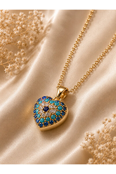 Sylvera Shop Blue Heart Evil Eye Steel Necklace (Gold Color)