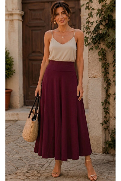 STYLENEST Kadın Bordo Yüksek Bel Çan Kesim Uzun Etek Lastikli Bel Rahat Kalıp...