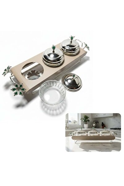 SOBHYS Emerald Flora 3-Bowl Serving Tray - Silver & Enamel - 42cm. Floral Han...