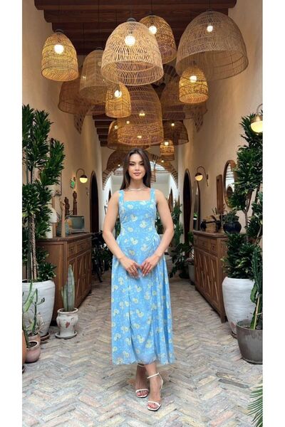 Moda Banuş Rose Patterned Lined Chiffon Blue Dress