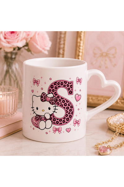 DKY Hello Kitty Harf Detaylı Leopar Detaylı Kalpli Premıum Kupa Bardak