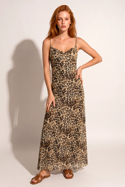 No Matter What Degaje Collar Thin Straps Patterned Mesh Lined Maxi Dress