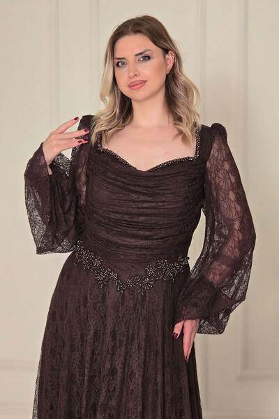 Yonca Moda Evi Kahverengi Drapeli Balon Kol B.Beden Abiye 16240