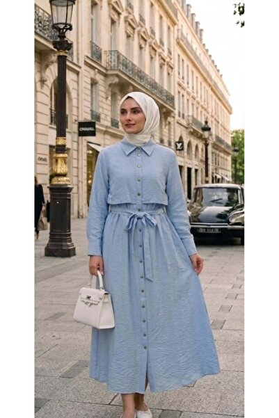 Puane 26Y32454 ELBİSE ÜSTÜ CEPGEN GÖRÜNÜMLÜ ÖNÜ DÜĞMELİ BELİ LASTİKLİ MAVİ