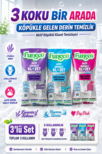 FUNECO Klozet WC Temizleyici Set, 3 Paket - Lavanta, Okyanus, Pop Pink!!