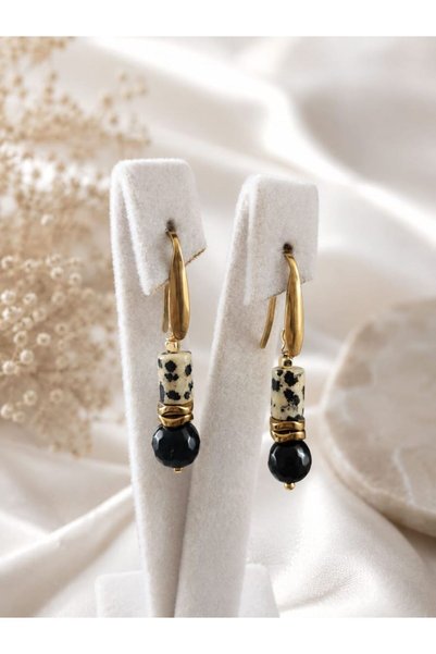 Home Dalmatian Jasper and Onyx Stone Dangle Steel Earrings |   Natural Stone Earrings